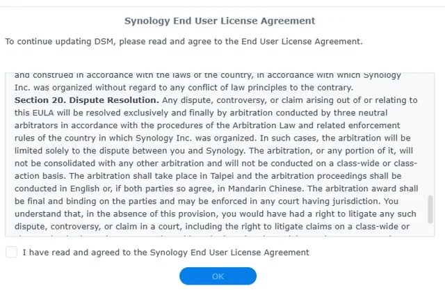 Synology Angers Its Community: DSM EULA Requires Mandatory Arbitration and Waives Class Actions (and Some Packages Disappear in 7.3) 3 EULA Synology is officially dead