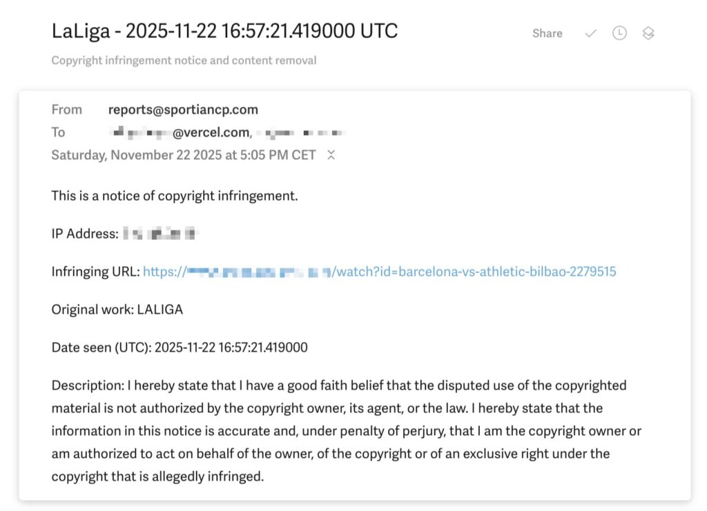Ejemplo de aviso recibido por Vercel (correo de Sportian/LaLiga)