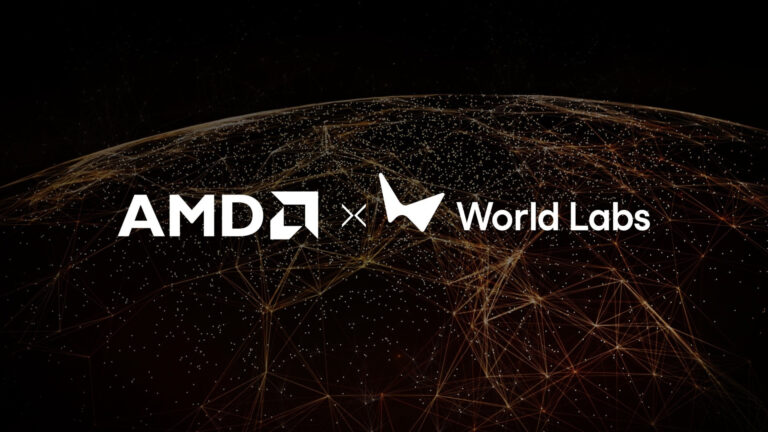 Logotipos de AMD y World Labs sobre una vista estilizada de la Tierra iluminada de noche