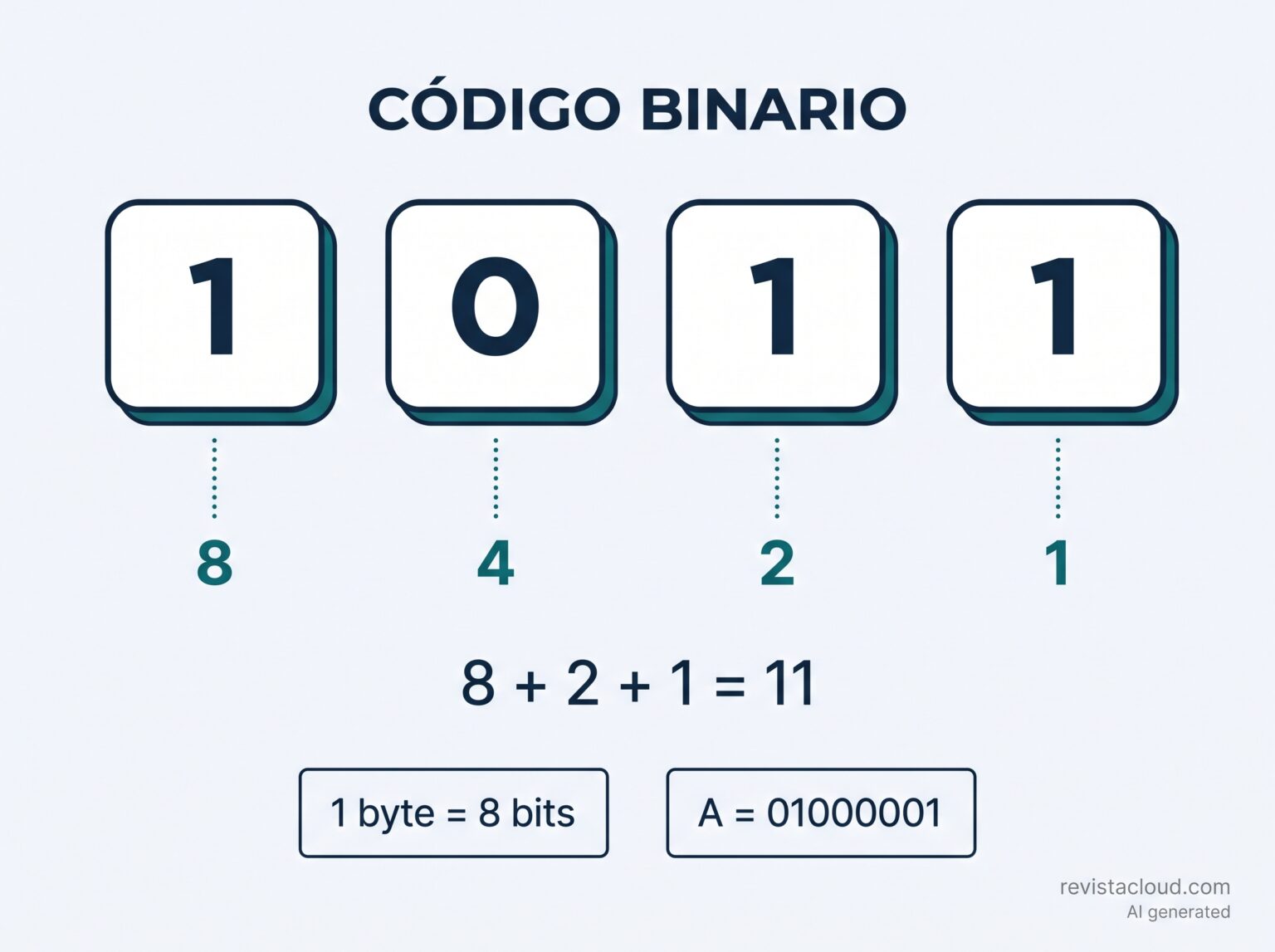 Código Binario: ¿Para qué utilizamos el sistema binario? 1 Infografía del código binario: el número 1011 equivale a 8+2+1, es decir 11 en decimal; un byte son ocho bits y la letra A se codifica como 01000001