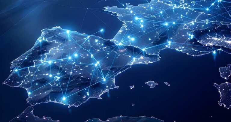 Mapa de España con puntos y líneas que representan flujos de datos del proyecto Impulsa DATA
