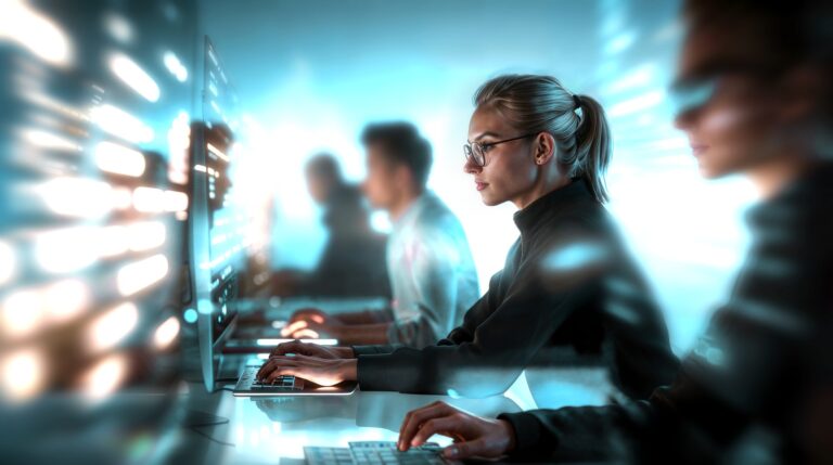 Profesionales de ciberseguridad trabajando ante pantallas, imagen de IndraMind