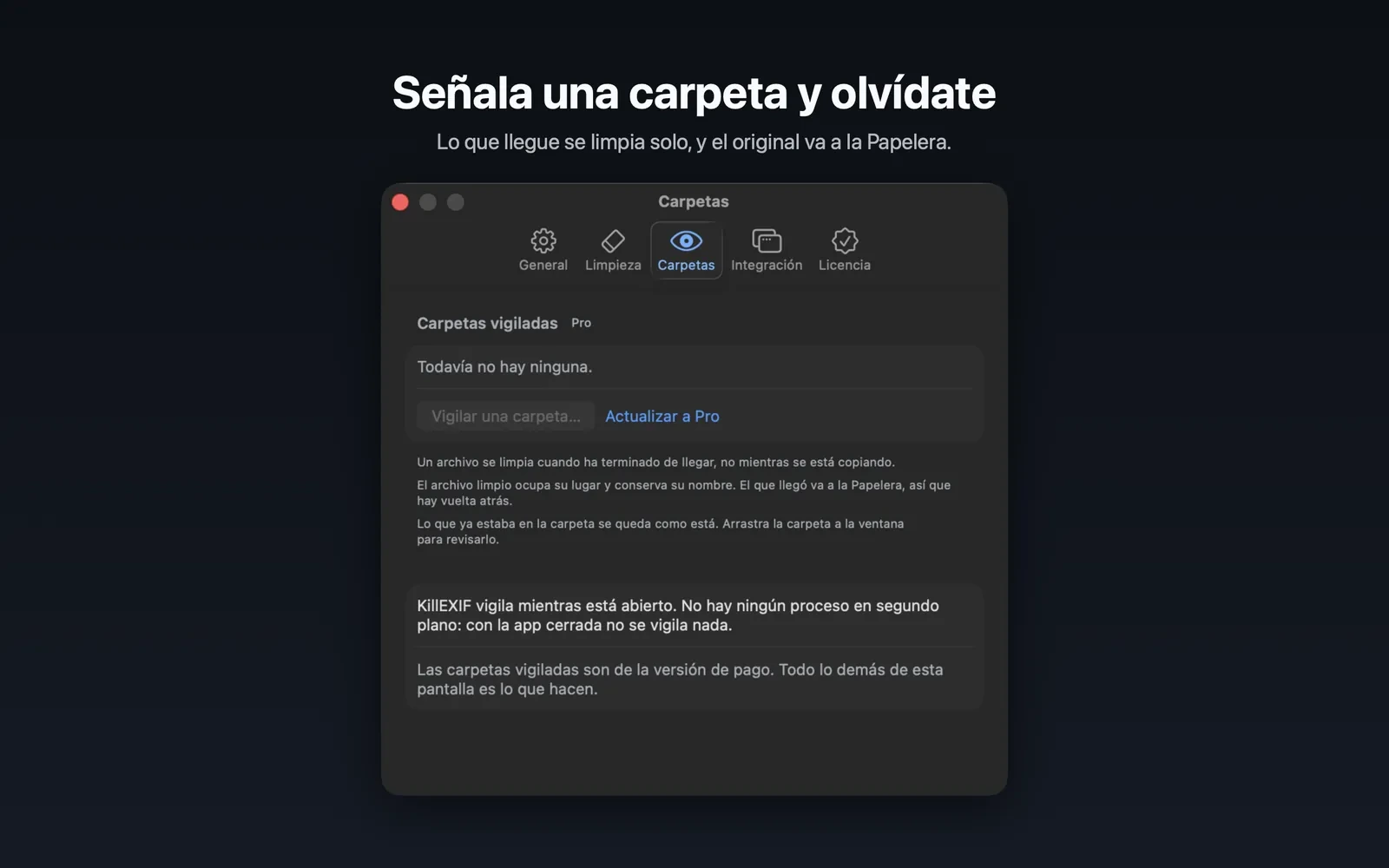 Paramètres de KillEXIF sur Mac avec la liste des dossiers surveillés et l’avis que la surveillance fonctionne seulement si l’app est ouverte