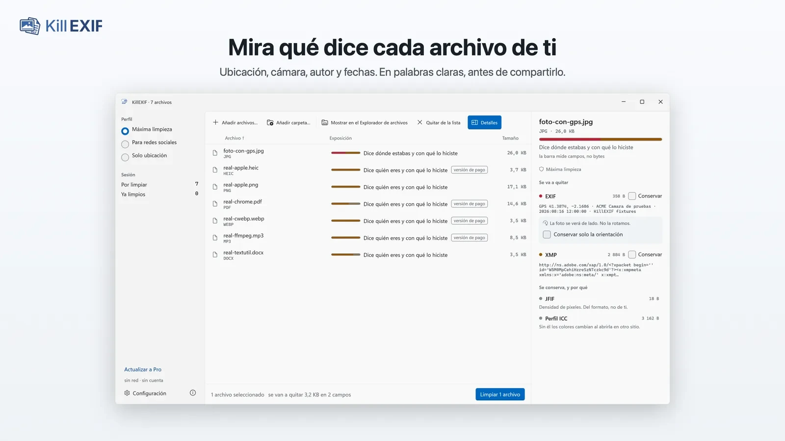 KillEXIF para Windows y Mac: así se borran los metadatos de fotos, PDF y Office 1 Ventana de KillEXIF en Windows con siete archivos de formatos distintos y el detalle de los metadatos de una foto con GPS