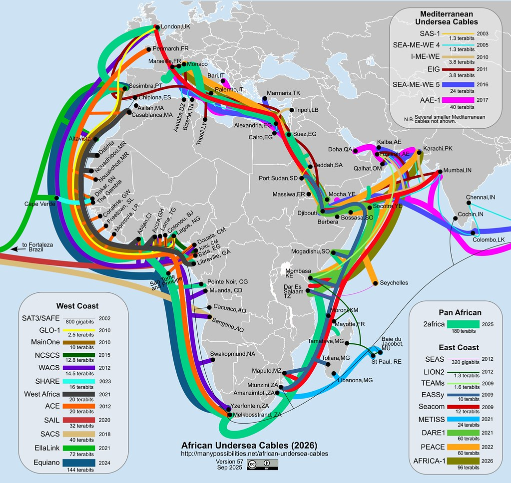África teme un déficit de cables submarinos y 2Africa busca esquivar el mar Rojo 1 Mapa de los cables submarinos que conectan África, con 2Africa, Equiano, PEACE, EASSy, Seacom y los cables del Mar Rojo y el Mediterráneo