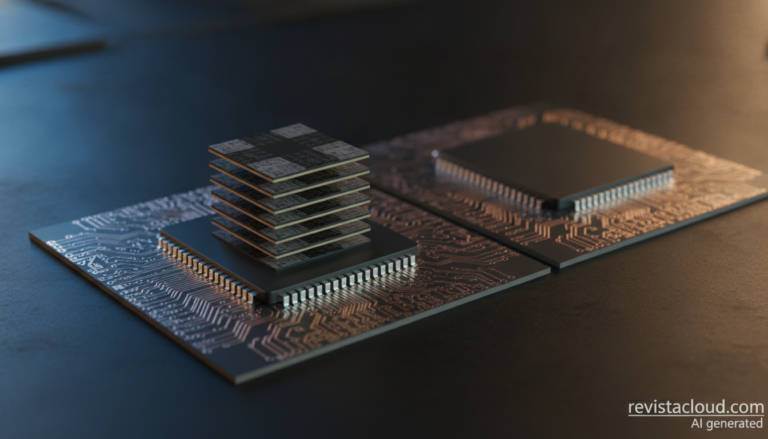 Pila de chips de memoria DRAM sobre un sustrato de encapsulado de alta densidad, imagen generada con IA