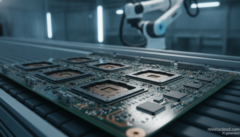 Placa de circuito impreso multicapa para servidor de IA en una línea de fabricación, imagen generada con IA