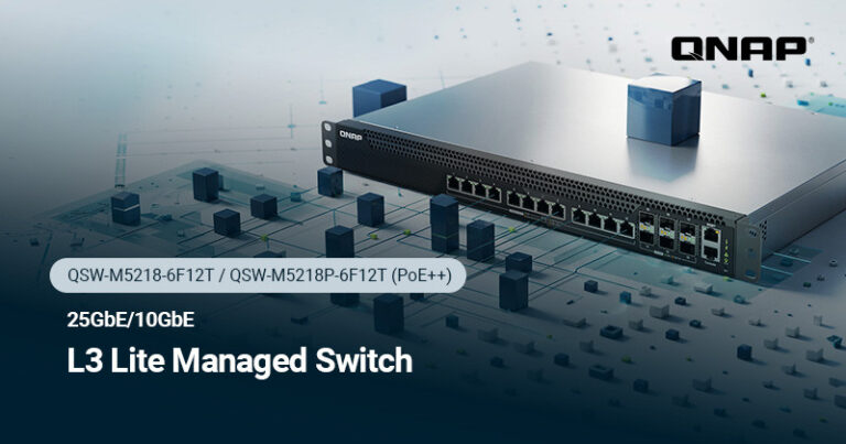 Switches QNAP QSW-M5218 con puertos 10GbE RJ45 y enlaces ascendentes 25GbE SFP28