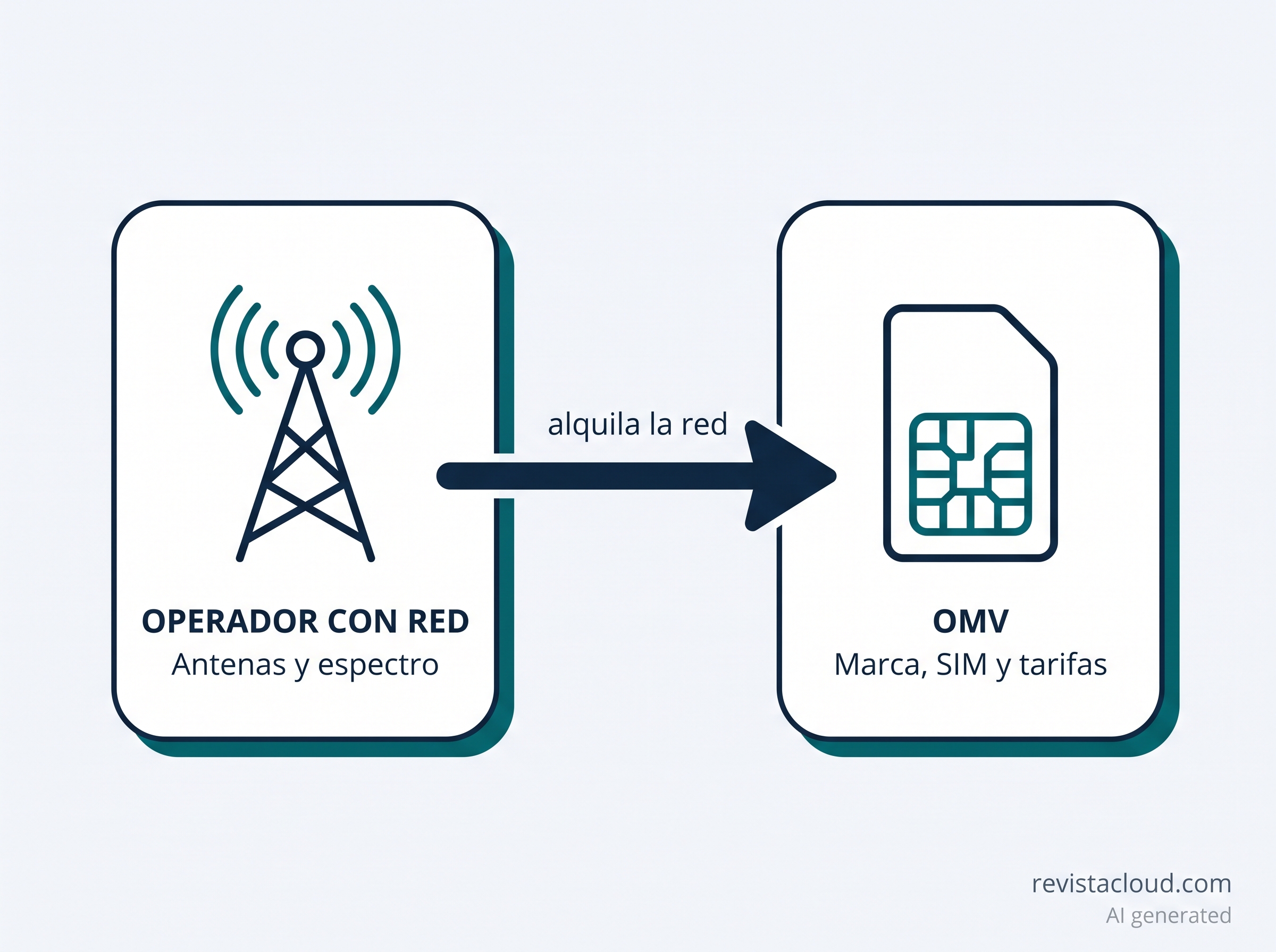 Infografía: un OMV alquila la red de un operador con antenas propias y aporta marca, SIM, tarifas y atención al cliente