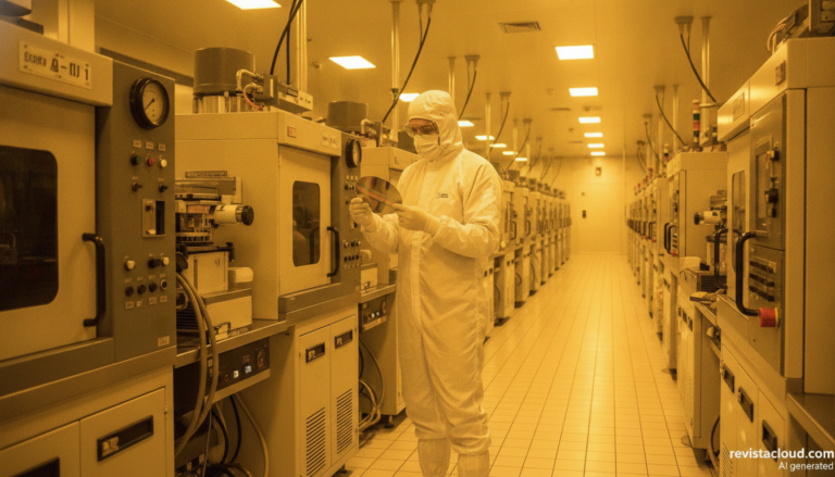 Técnico con una oblea de silicio en una sala blanca de fabricación de chips, imagen generada con IA