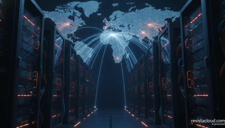 Mapa de una red global de nodos en el borde conectados a un centro de datos con GPU