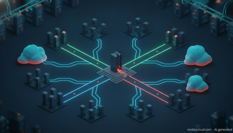 Ilustración de un centro de datos con múltiples caminos hacia distintas plataformas de virtualización