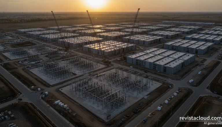 Campus de centros de datos en construcción con grúas y naves de servidores
