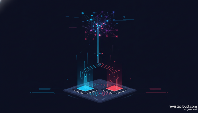 Ilustración de dos procesadores x86 cuyos flujos de datos convergen en una única biblioteca de IA
