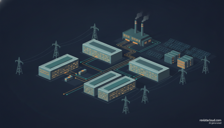 Ilustración de un campus de centros de datos conectado a líneas eléctricas, placas solares y baterías