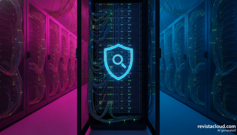 Equipos de seguridad de red en un rack con cables de fibra de alta velocidad