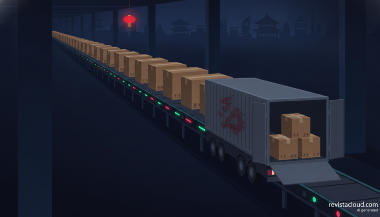 Ilustración de una larga cola de cajas de tarjetas gráficas de las que solo unas pocas se cargan para su envío