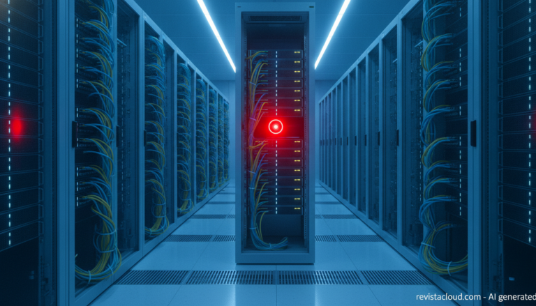 Servidores en un centro de datos con una luz de alerta roja en un rack