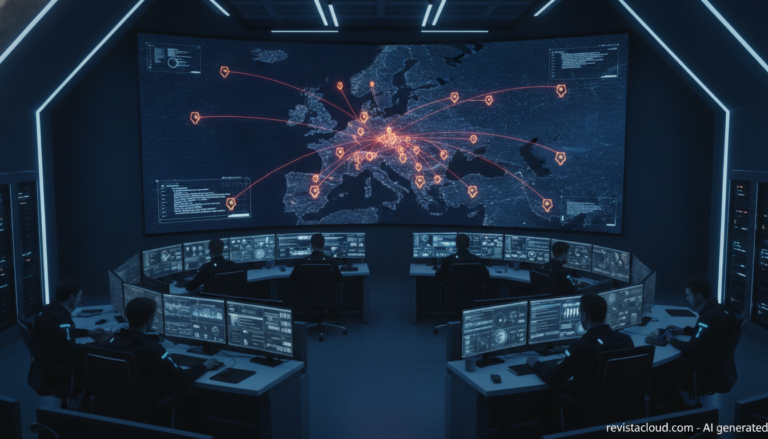 Centro de ciberseguridad con un mapa de Europa que muestra ataques informáticos