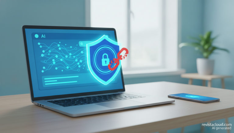 Escudo de seguridad digital protegiendo un chat de IA en un portátil