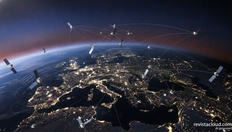 Constelación de satélites de órbita baja sobre Europa vista desde el espacio