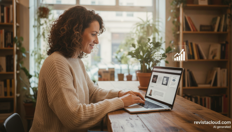 Dueña de una pequeña tienda creando su web en un portátil con ayuda de un asistente de IA