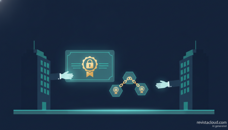 Ilustración de un certificado digital con candado y una cadena de confianza que pasa de una empresa a otra