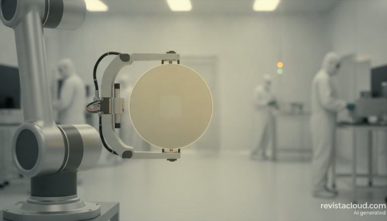 Oblea de 300 mm de nitruro de galio en una sala blanca de fabricación de semiconductores