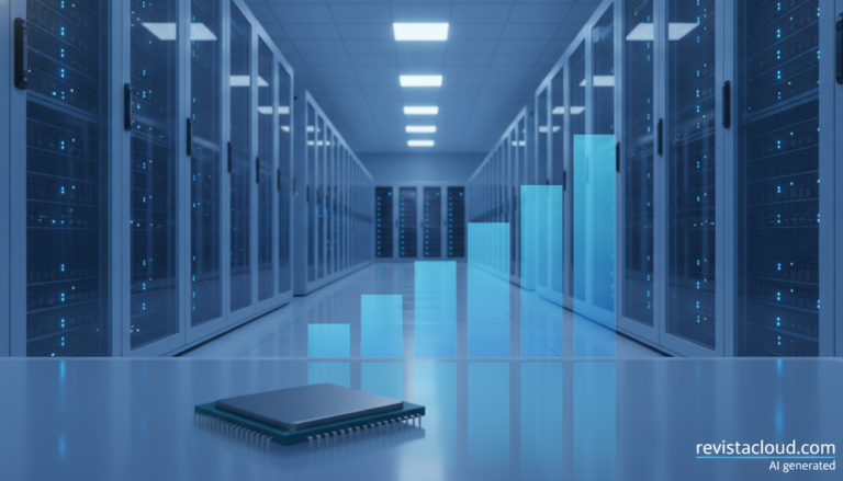 Racks de servidores en un centro de datos con un gráfico de ingresos al alza superpuesto