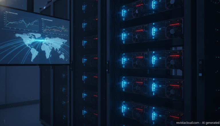 Servidores con GPU y un panel de monitorización de métricas en un centro de datos
