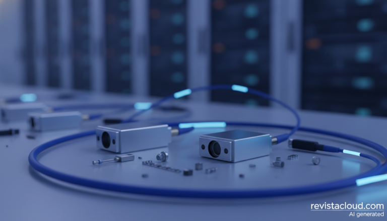 Componentes ópticos y láseres conectados por fibra en un centro de datos de IA