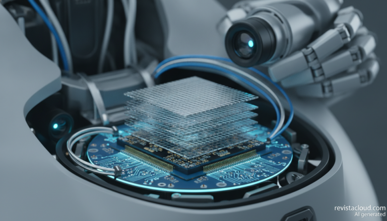 Memoria apilada sobre un chip lógico dentro de un robot humanoide