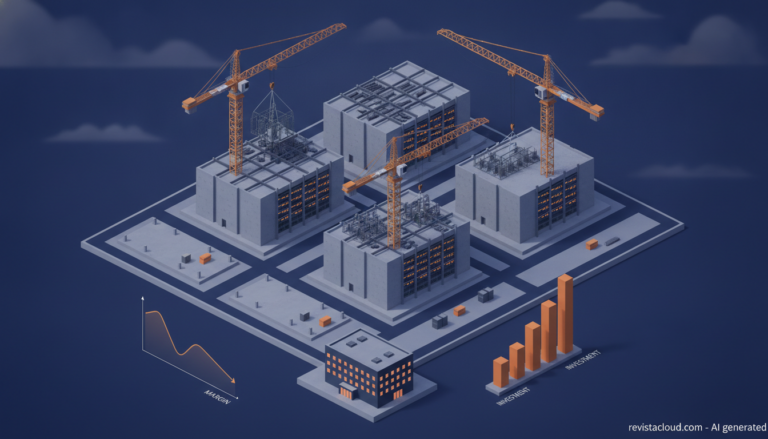 Ilustración de un campus de centros de datos en construcción frente a un edificio de oficinas