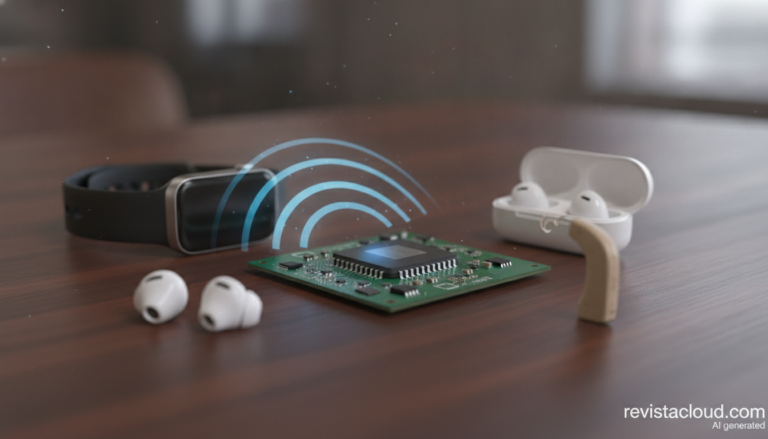 Chip de radio Bluetooth sobre una placa con ondas inalámbricas hacia dispositivos ponibles