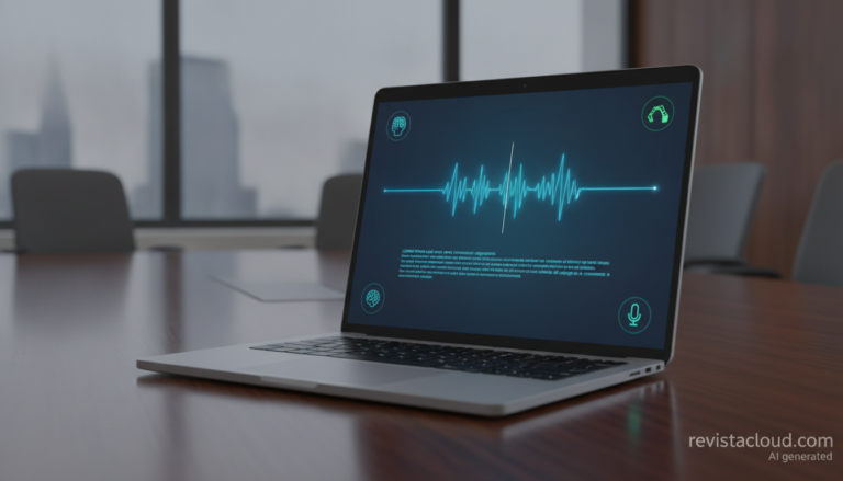 Portátil en una sala de reuniones transcribiendo audio en local con una onda de voz en pantalla