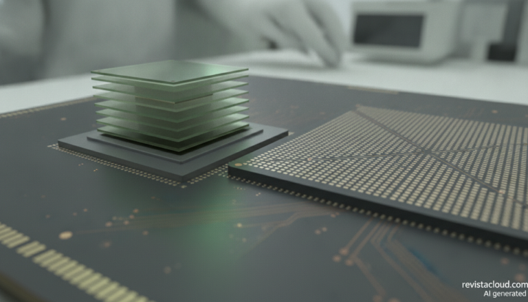 Pila de memoria HBM sobre su base die junto a un chip de GPU