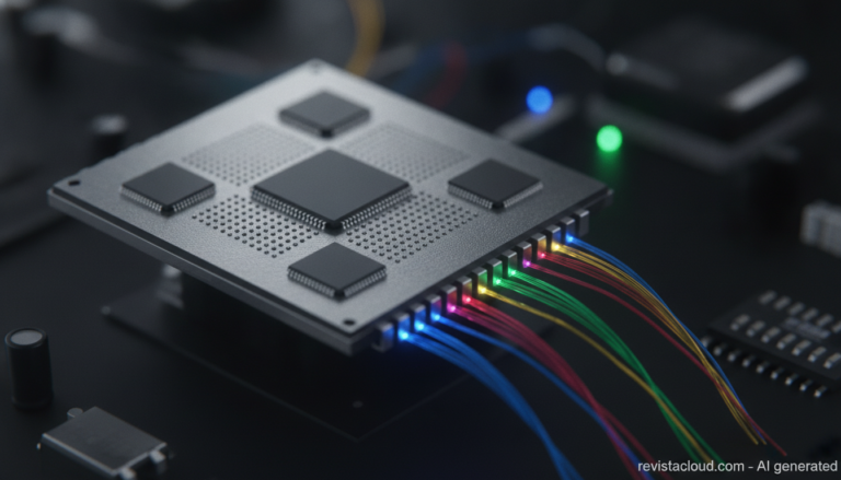 Encapsulado de chip con interposer de silicio y fibras ópticas conectadas