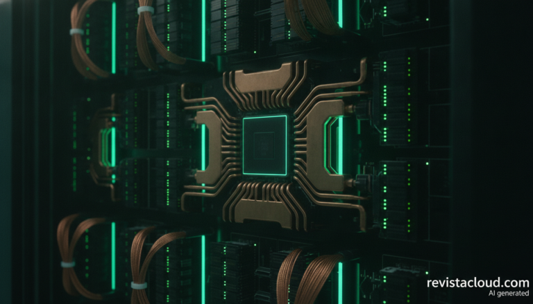 Rack de servidores de IA con bandejas de GPU y conexiones de alta velocidad