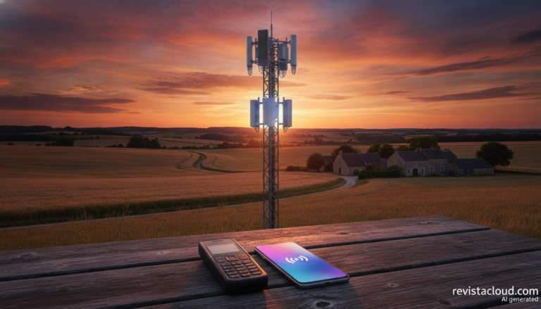 Ilustración de una antena de telefonía móvil al atardecer con un móvil antiguo y un smartphone en primer plano