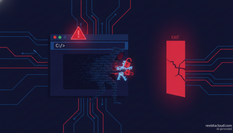 Ilustración de un binario malicioso que sale de una terminal llevándose llaves y candados