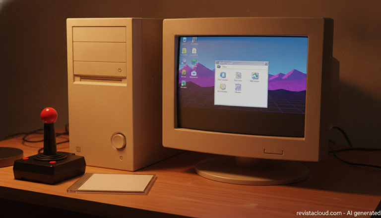 Ordenador de sobremesa beige de los noventa con monitor CRT y joystick