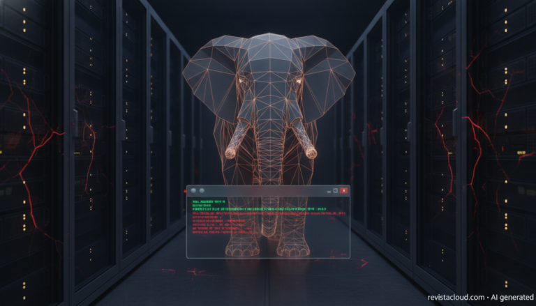 Ilustración de un elefante en malla de líneas en un centro de datos con una terminal de comandos en alerta, sobre la vulnerabilidad PHP2Shell