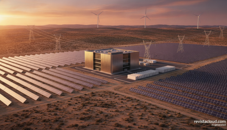 Centro de datos rodeado de plantas solares, eólicas y baterías