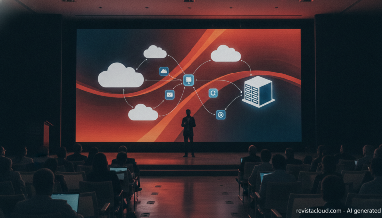 Escenario de una conferencia tecnológica con un diagrama de aplicaciones moviéndose entre nubes