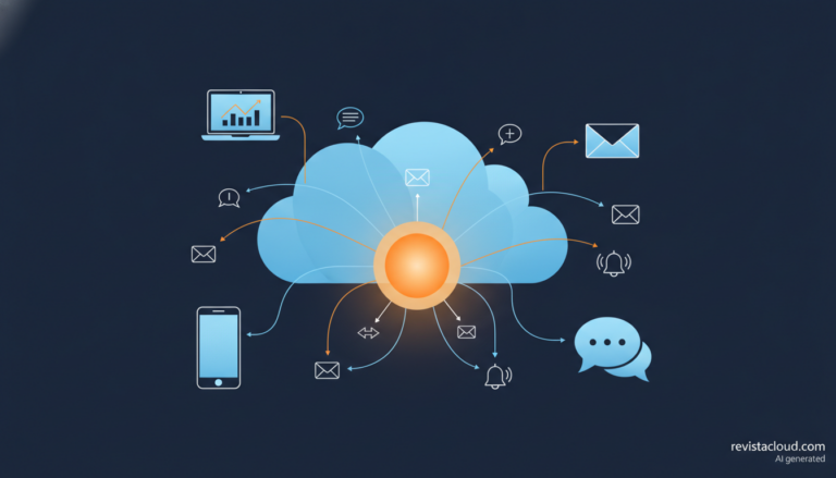 Ilustración de una nube que integra una plataforma de mensajes multicanal, en referencia a la compra de Braze por Salesforce