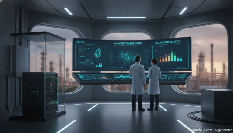 Sala de control de una planta industrial con paneles de agentes de IA y un servidor edge
