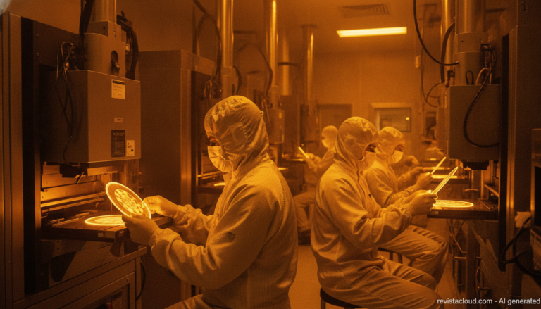 Sala limpia de una fábrica de semiconductores con obleas de nitruro de galio