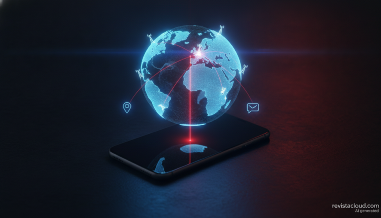 Smartphone sobre un mapa mundial con líneas de señalización entre antenas de telefonía móvil, ilustración de los ataques a SS7 y Diameter