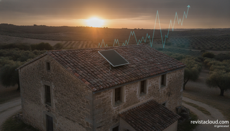 Antena de internet por satélite en el tejado de una casa rural con un gráfico de precio variable