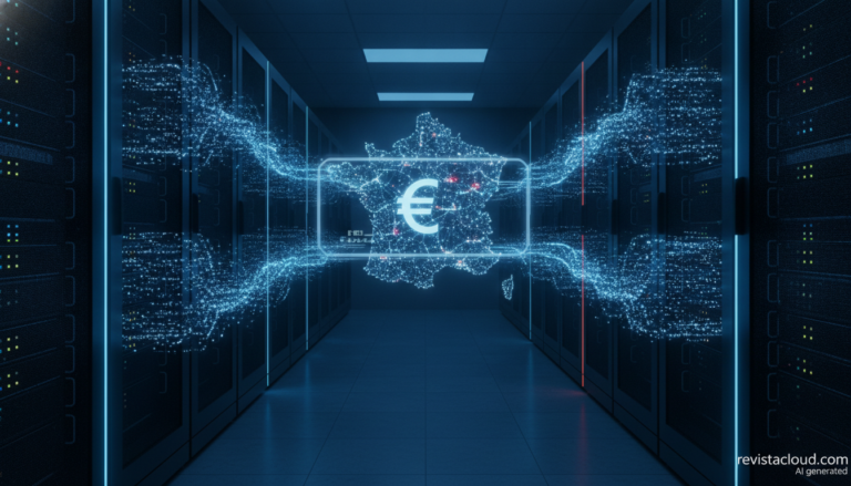 Racks de un centro de datos con flujos de datos que salen hacia un medidor digital con el símbolo del euro, ilustración de la tasa francesa al gigabyte para CDN y nube